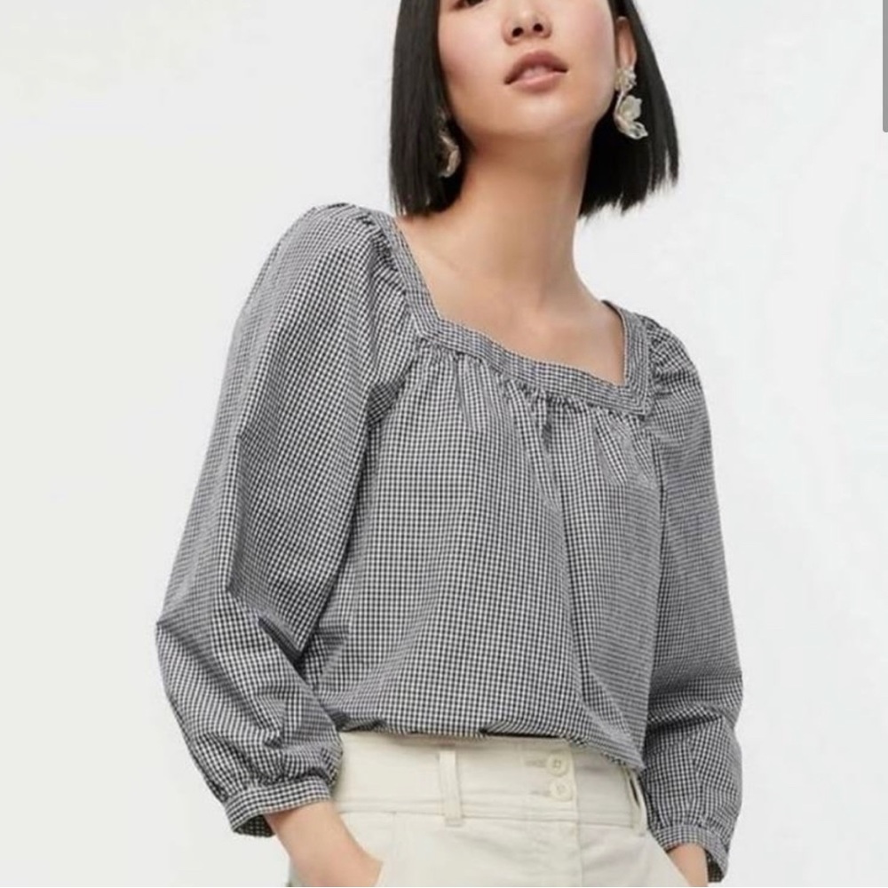 J. Crew Black Gingham Square Neck Peasant Top X-Small